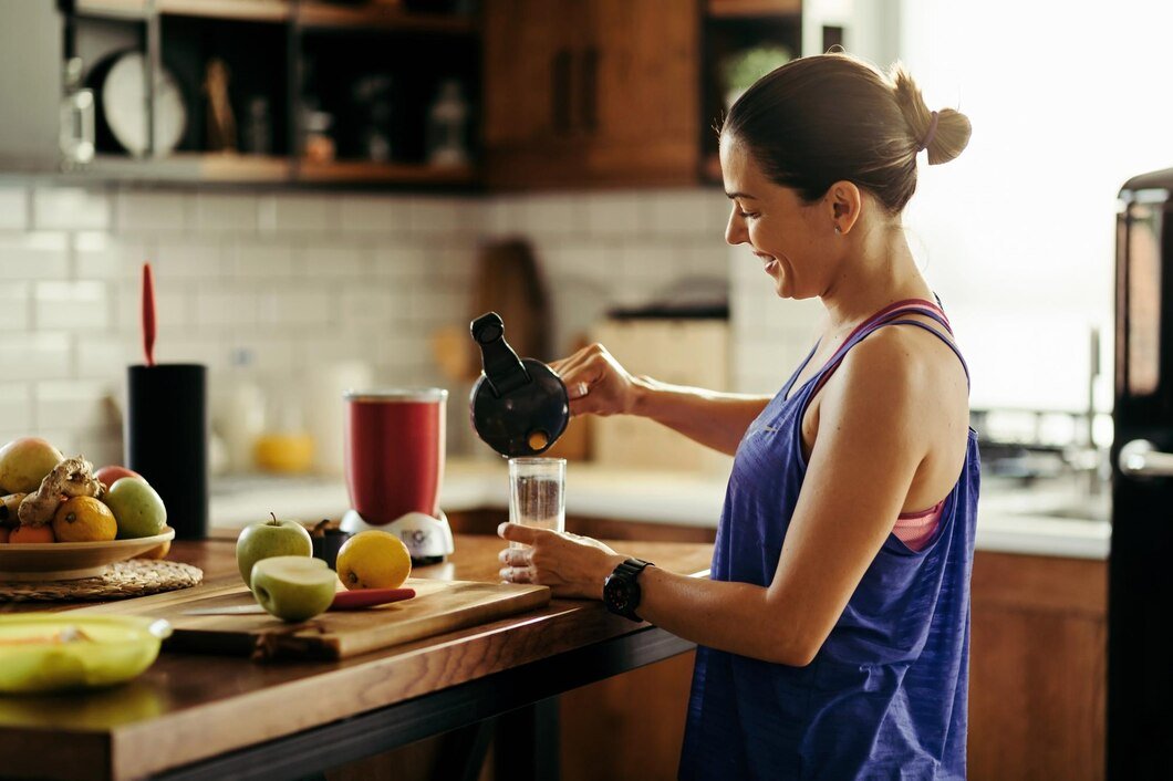 happy-athletic-woman-pouring-fruit-smoothie-glass-kitchen_637285-611